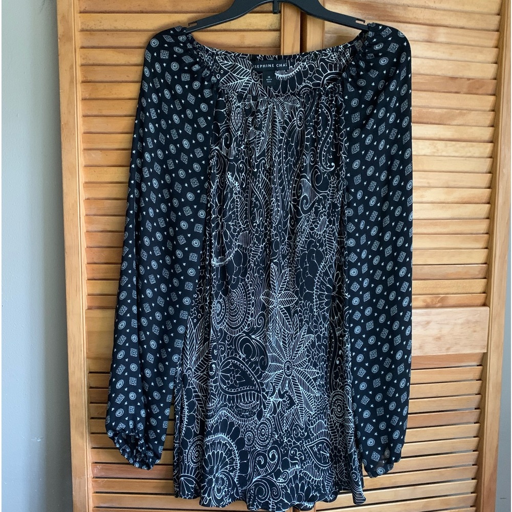 Josephine Chaus 100% silk sz 16 black and white floral and geo bias cut blouse